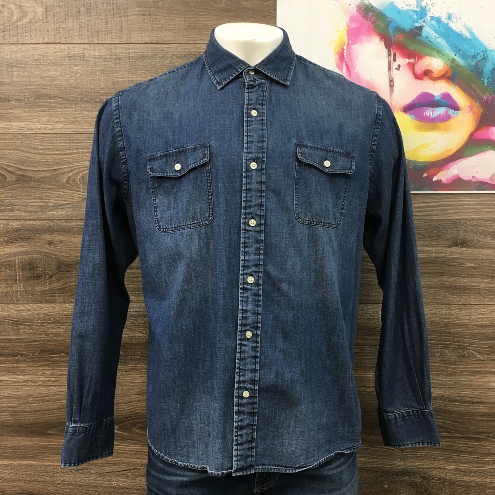 Peter Millar Crown Mens Denim Button Down Shirt XL‎ Blue Cotton Medium Wash